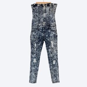 Sneak Peek Womens M Distressed Acid Wash Denim Jumpsuit Skinny Leg‎